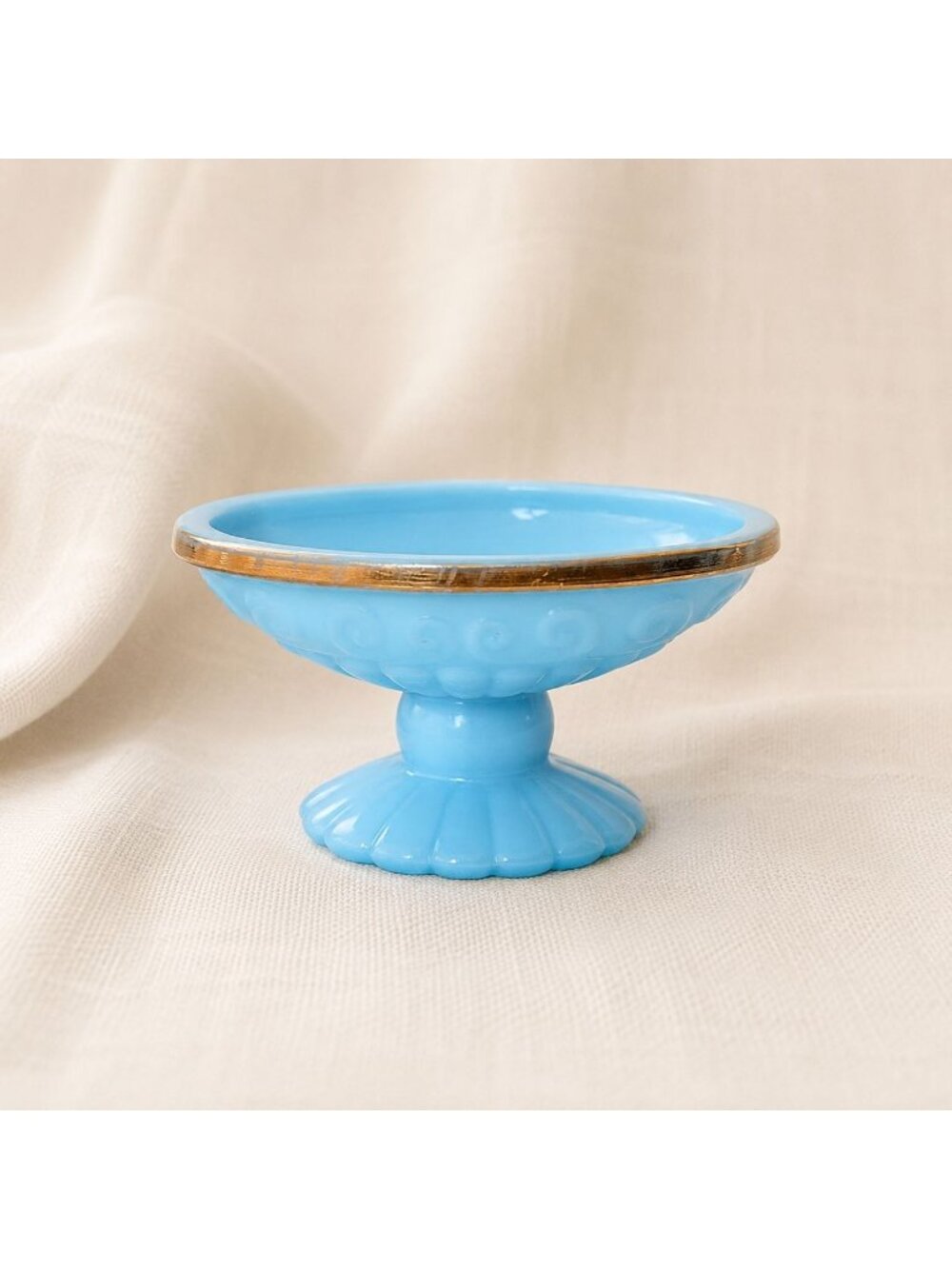 Vintage Avon Bristol Blue Opaline Glass Pedestal Soap Dish Gold Rim 1970s